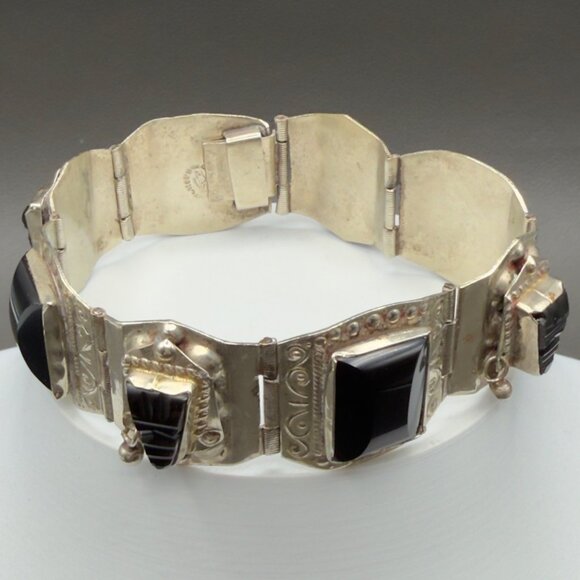 Vintage Estate Sterling Silver Black Onyx Bracelet Mask Tribal Face Panel Taxco - Picture 2 of 13